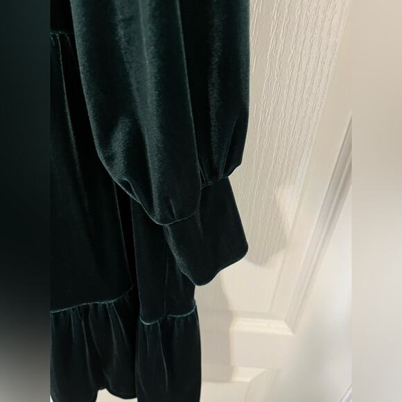1.STATE Deep Green Velour Velvet Long Sleeve Ruffle Babydoll Dress w/ V-neck XL - Picture 9 of 11